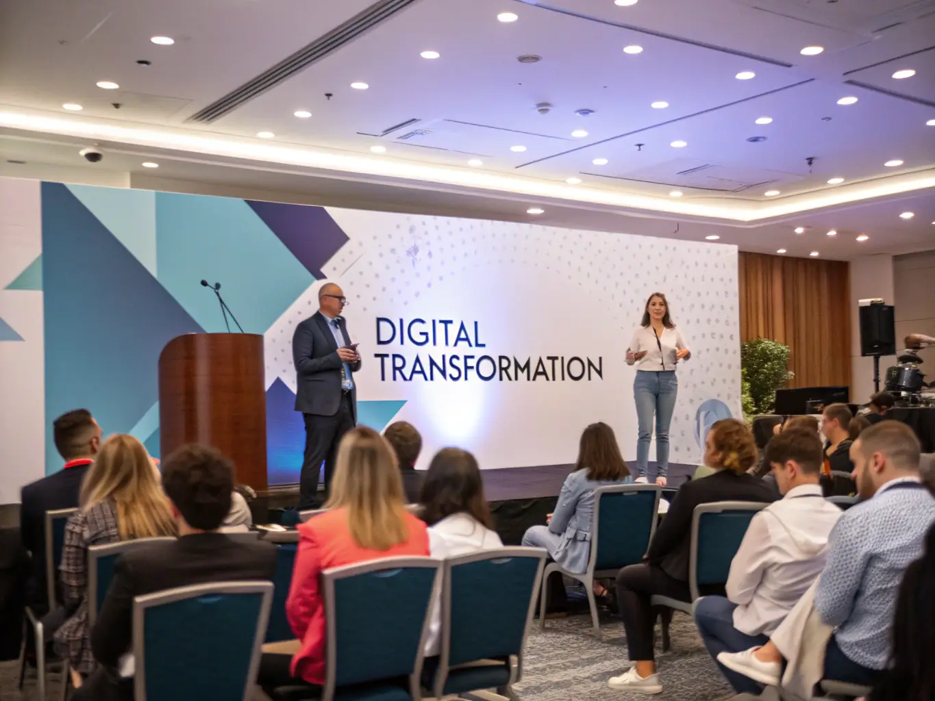 A professional conference setting with attendees listening to a speaker on digital transformation.