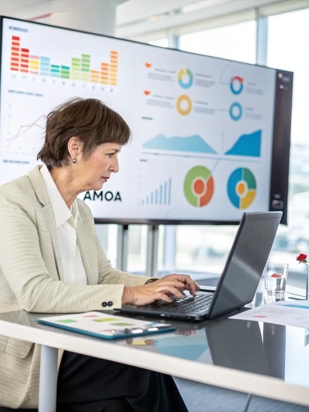 A project manager is using AMOA tools to oversee the implementation of a digital transformation project, with charts and graphs illustrating progress and key performance indicators.