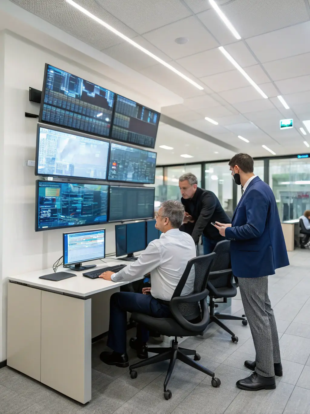 A team of cybersecurity experts is conducting a security audit in a server room, with glowing server racks and complex network diagrams visible in the background.