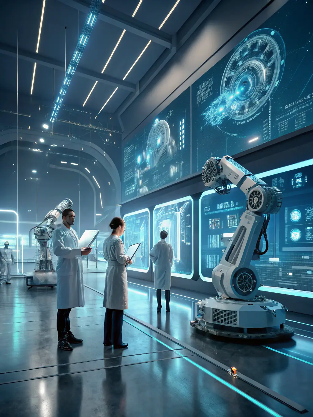 An AI specialist working on a complex algorithm on a computer, with a holographic display showing data analysis and machine learning models.