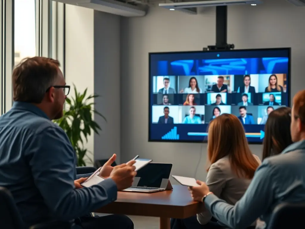A professional giving a webinar on cybersecurity threats, with a focus on protecting sensitive data. The scene is set in a modern office environment, with participants actively engaging online.