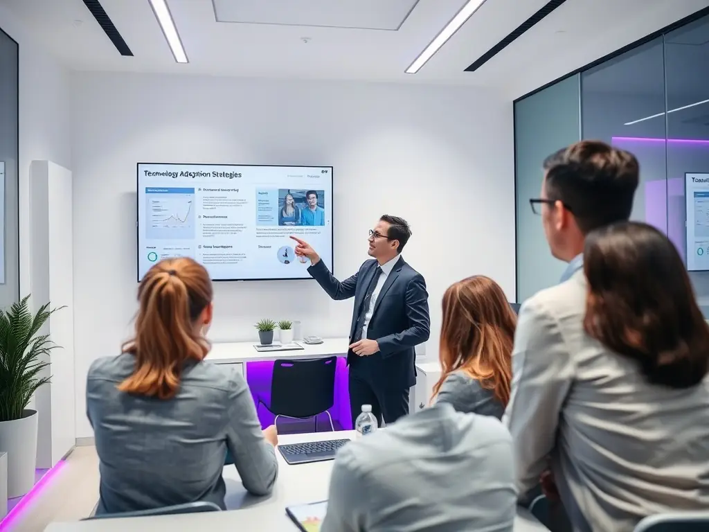 A consultant leading a webinar on digital transformation strategies, showcasing a roadmap for businesses to optimize their processes and enhance efficiency.