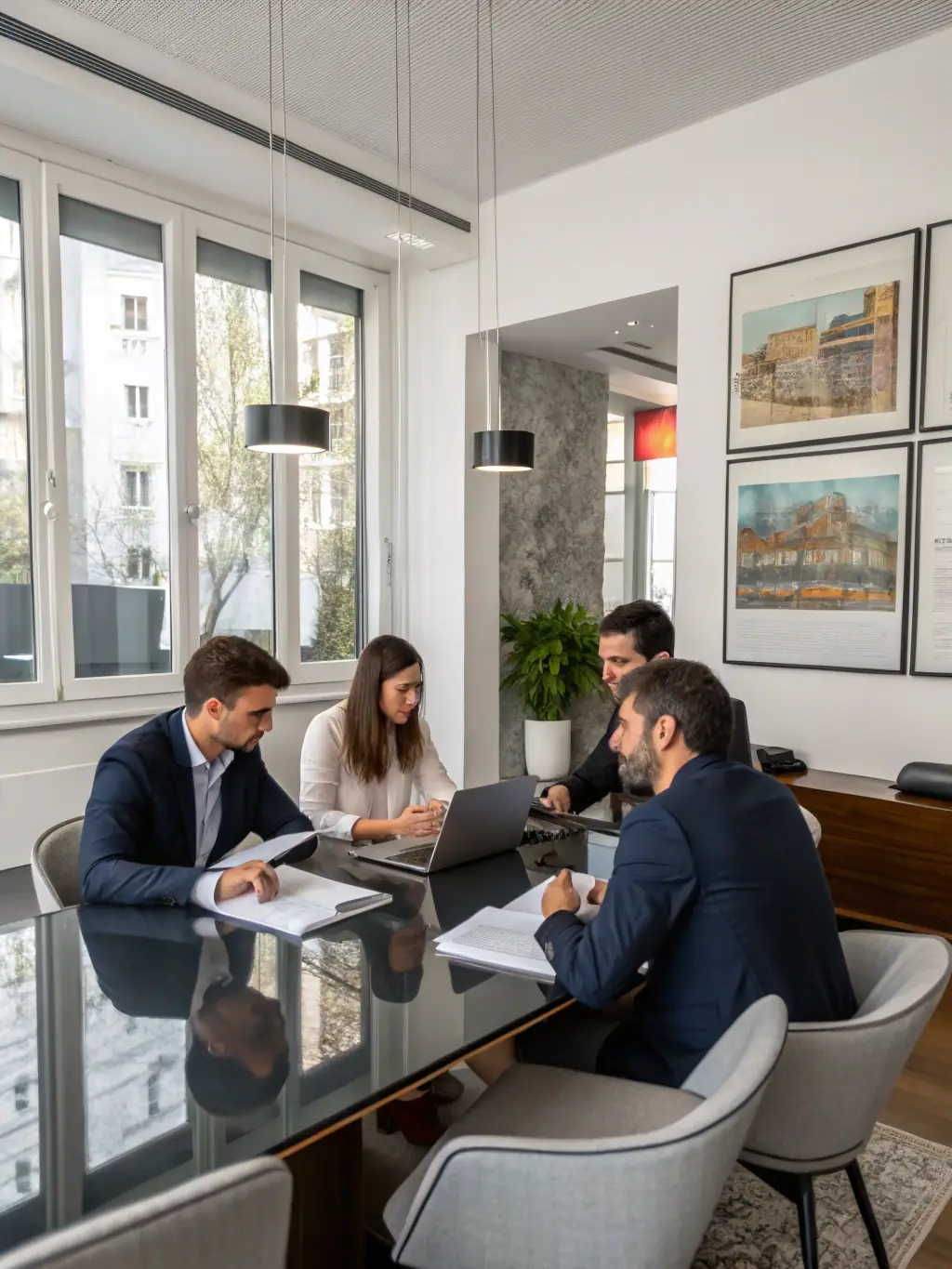 A team of consultants collaborating on a feasibility study, reviewing documents and discussing strategies in a well-lit conference room.
