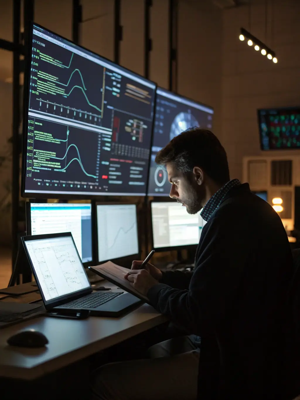 A professional photo of a cybersecurity expert analyzing network traffic on multiple monitors in a modern office setting, emphasizing data protection.