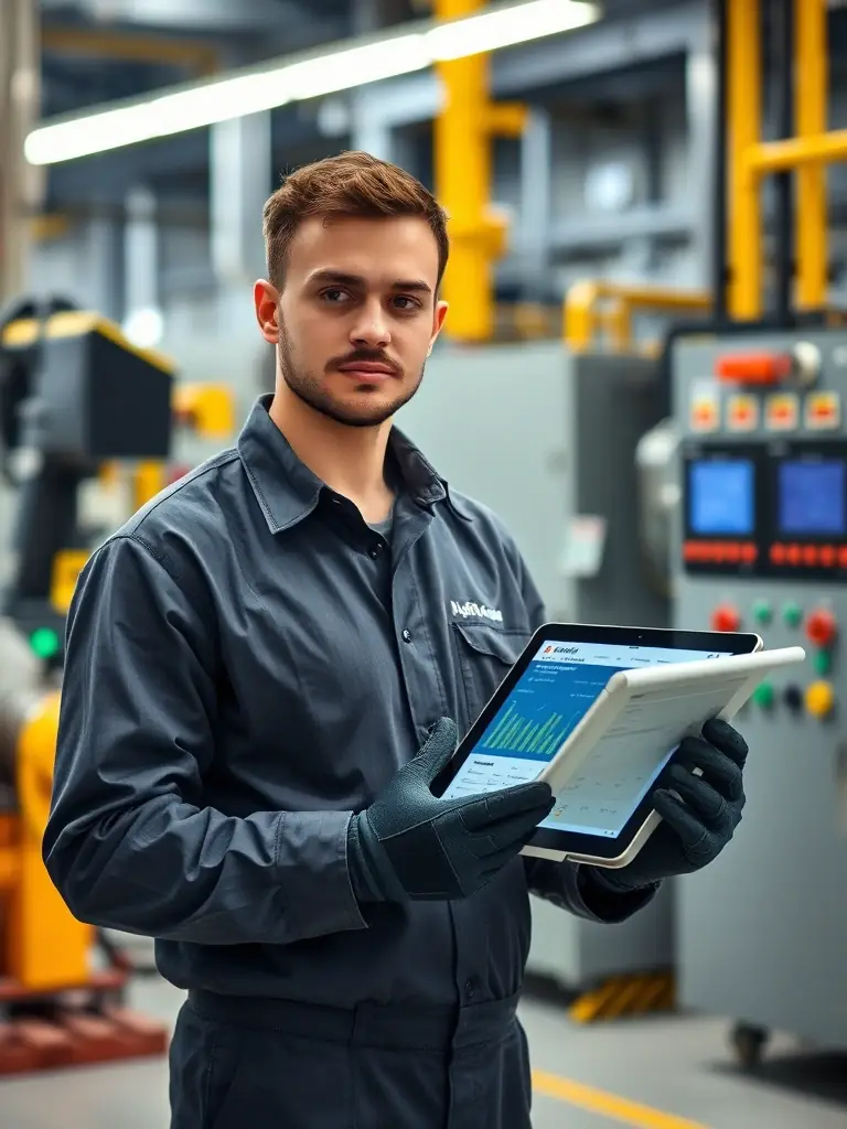 A close-up shot of a technician using a tablet to perform an audit on industrial equipment, with blurred machinery in the background, symbolizing Hiero Digital's audit services.