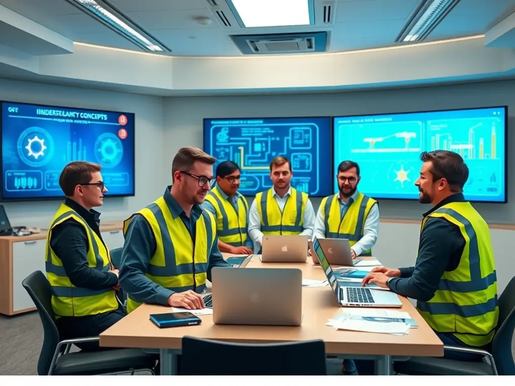 An image of a modern training facility where industrial operators and engineers are participating in a hands-on training session on cybersecurity best practices and digital literacy.