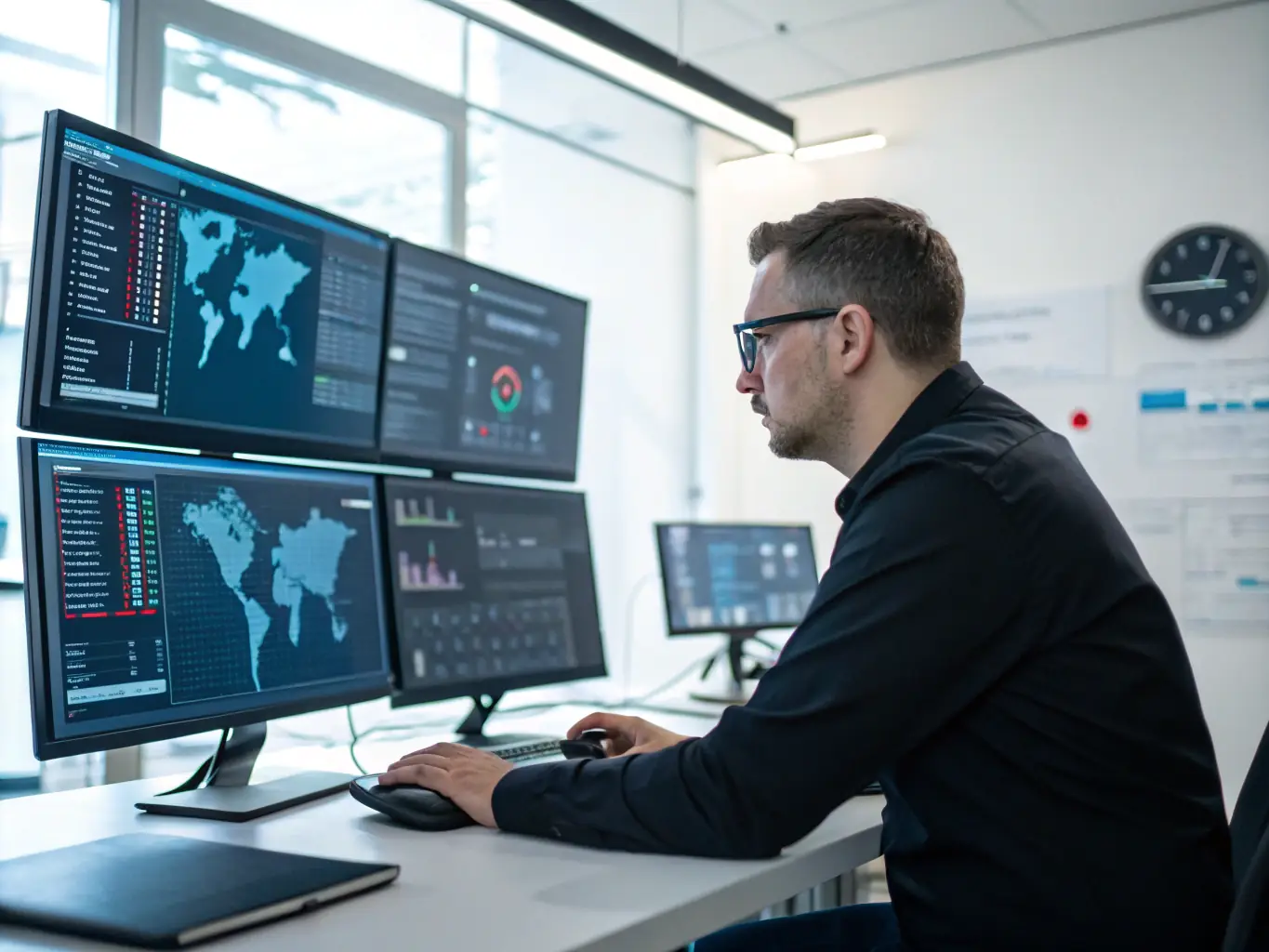 A high-resolution image depicting a cybersecurity expert analyzing network traffic in an industrial control system (ICS) environment, with visual elements representing data flow and threat detection.
