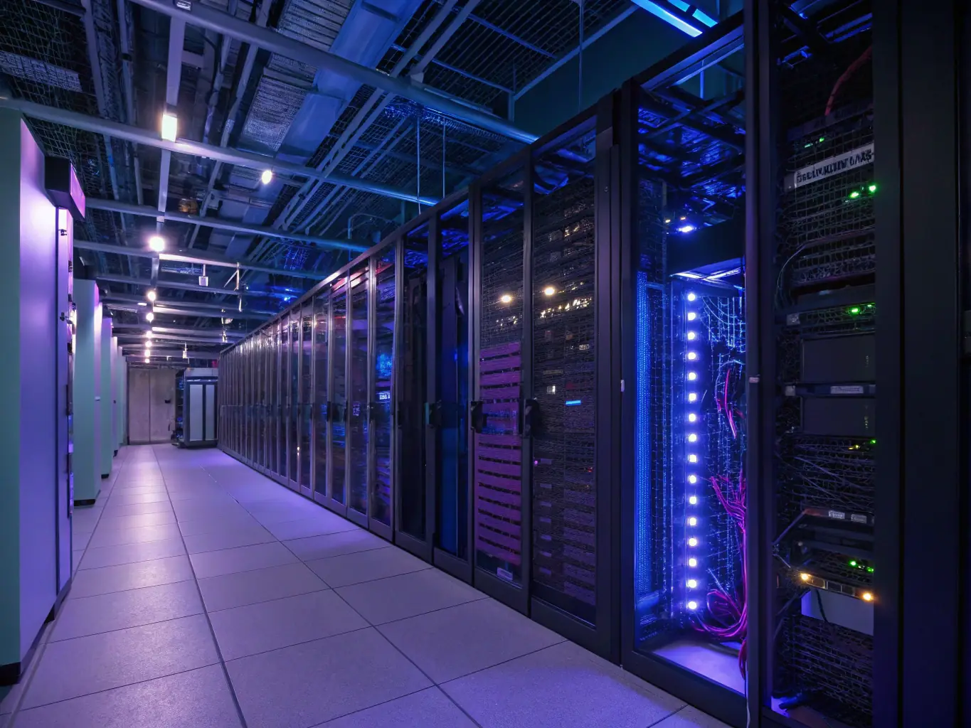 A secure data center with glowing servers and advanced cybersecurity infrastructure, emphasizing the importance of data protection in the digital age.