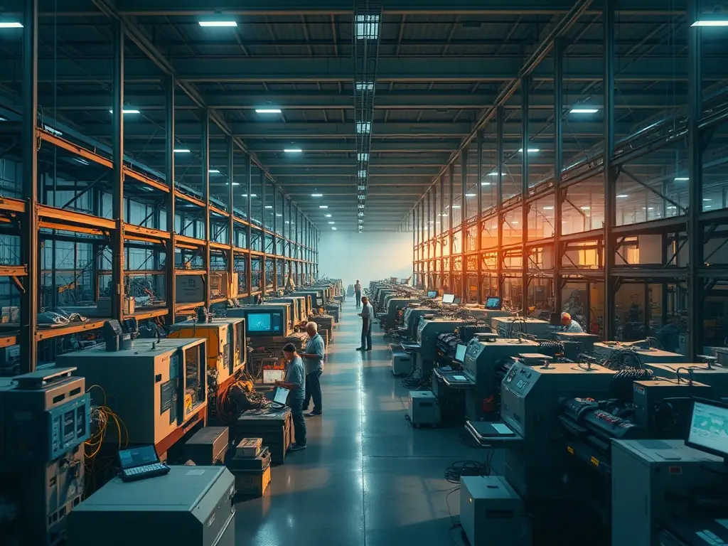 A visually compelling image showcasing AI-powered predictive maintenance in a manufacturing plant, with sensors monitoring equipment and data visualizations displaying potential failures.