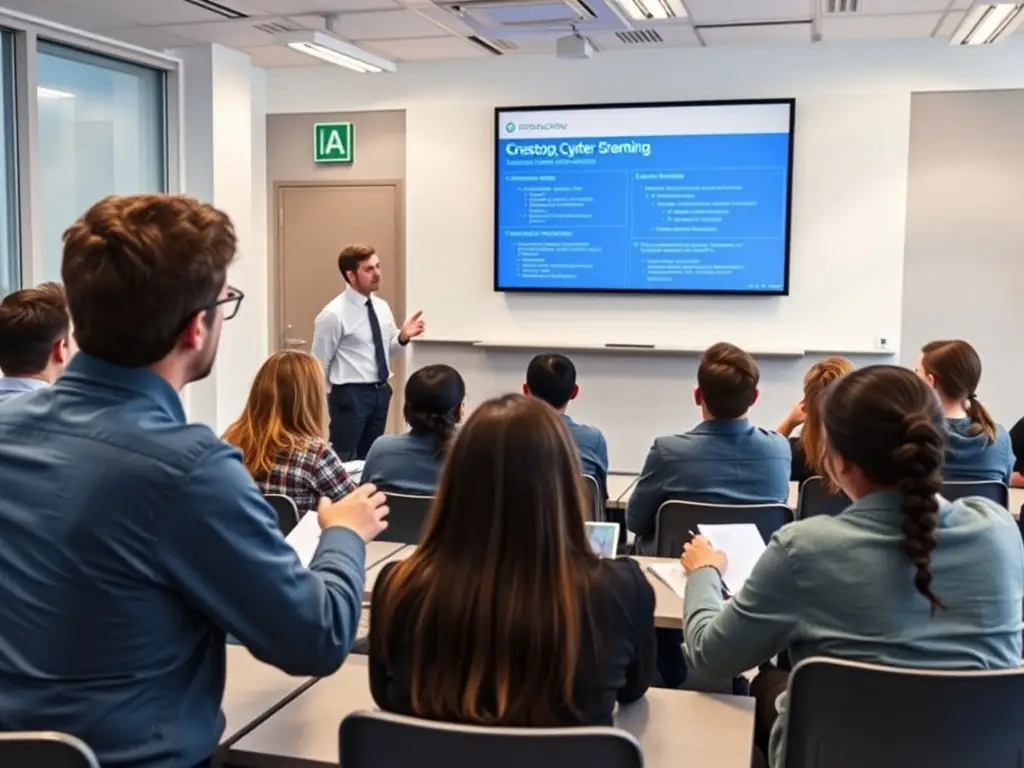 A professional is teaching a cybersecurity course, demonstrating network security protocols on a computer screen, with participants actively engaged in the session.