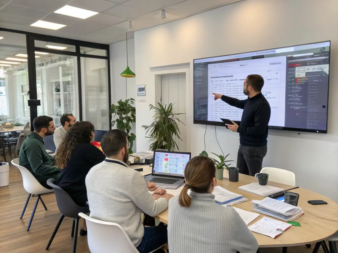A trainer is guiding participants through Microsoft Teams functionalities, showcasing collaboration tools and communication strategies on a large display.
