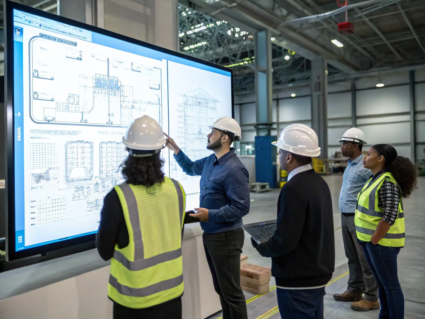 A training session with engineers and operators learning about AI tools and digital literacy in an industrial setting, highlighting the importance of capacity building.