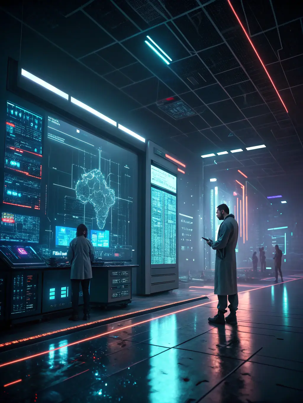 A futuristic image of AI algorithms analyzing data from industrial sensors, visualizing predictive maintenance and smart logistics solutions offered by Hiero Digital.