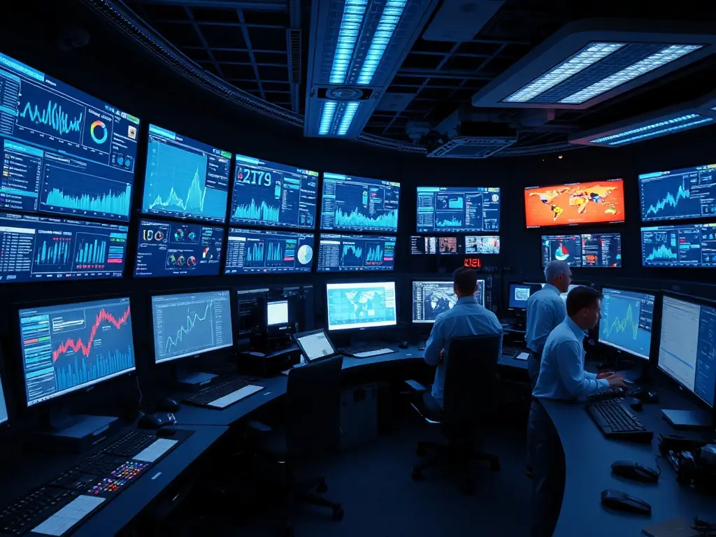 A high-tech industrial control room with multiple screens displaying real-time data analytics and automated processes, showcasing the integration of digital solutions in a modern factory setting.