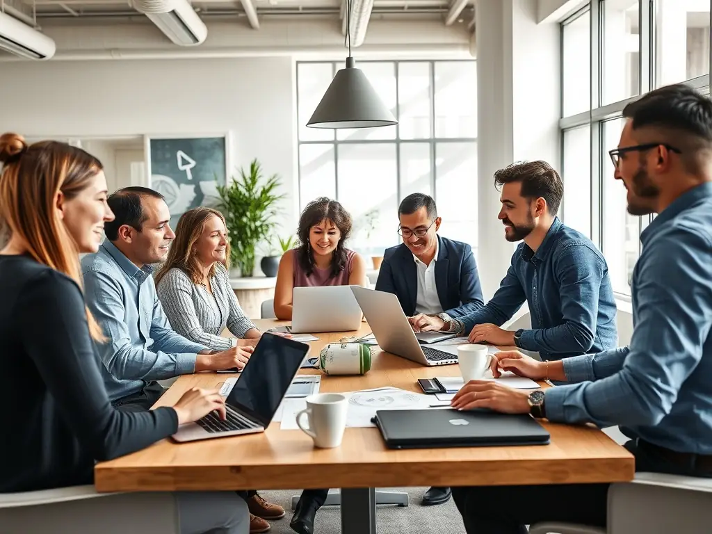 A group of professionals are participating in an AI workshop, collaborating on a machine learning project using laptops and discussing algorithms.