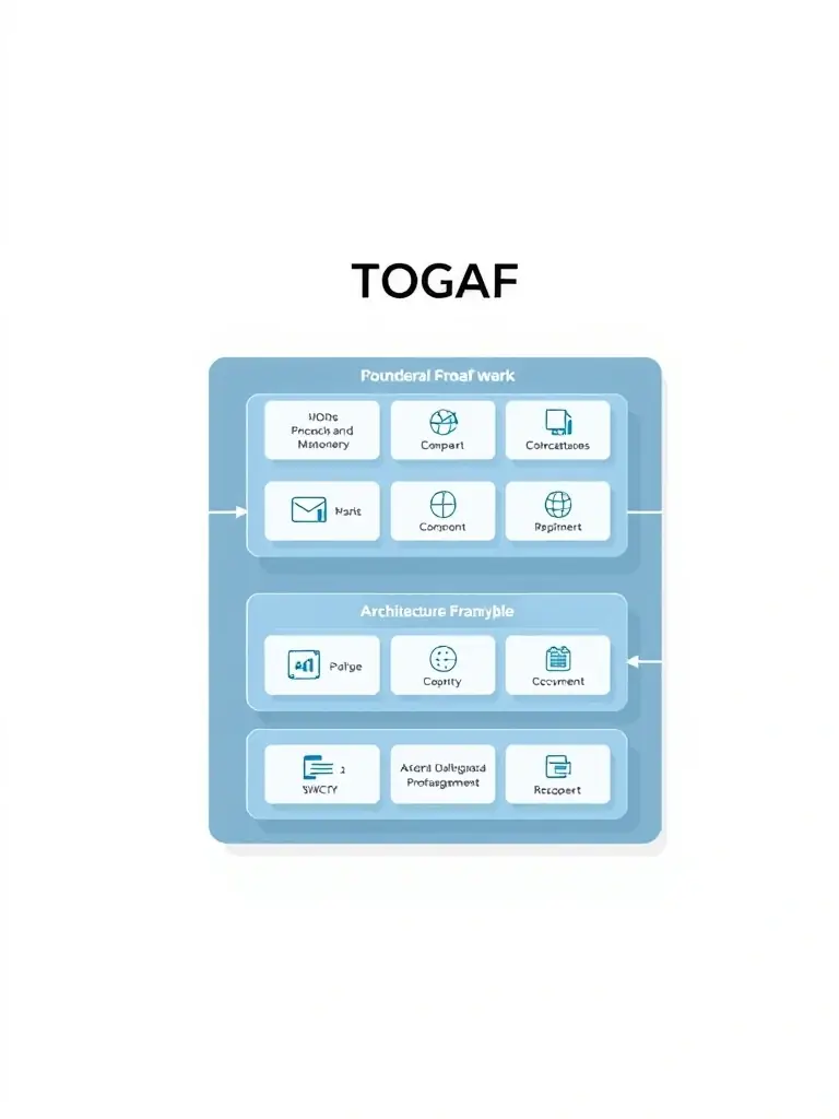 A detailed illustration depicting the TOGAF framework, showcasing its various layers and components, used in enterprise architecture for digital transformation projects.