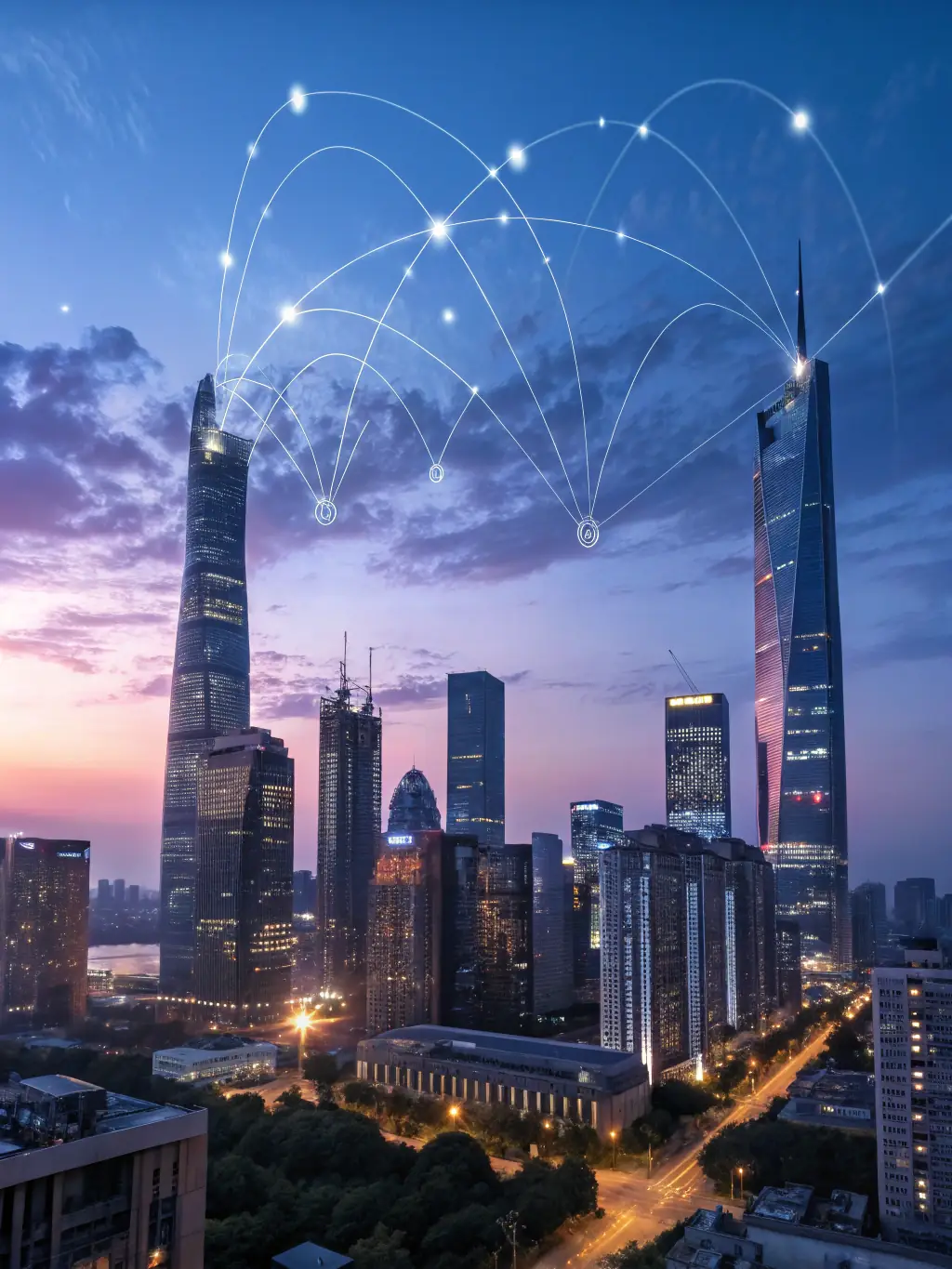 A futuristic cityscape representing digital transformation, with interconnected networks and data streams flowing seamlessly.