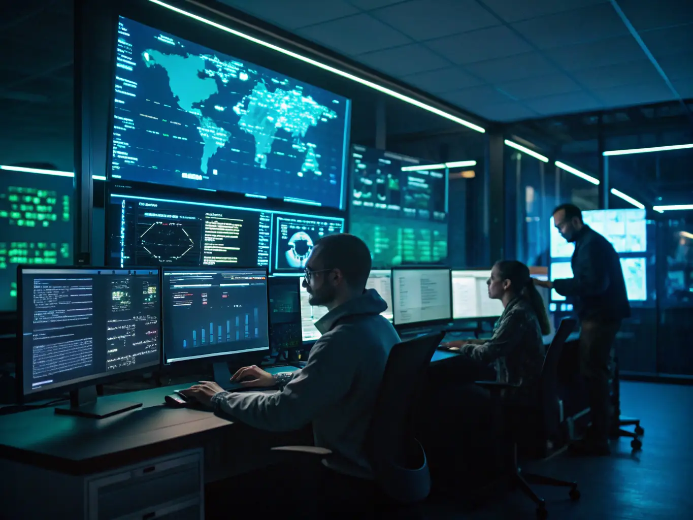 A digital rendering of a security operations center (SOC) dashboard, displaying real-time threat detection and incident response activities within a banking network.