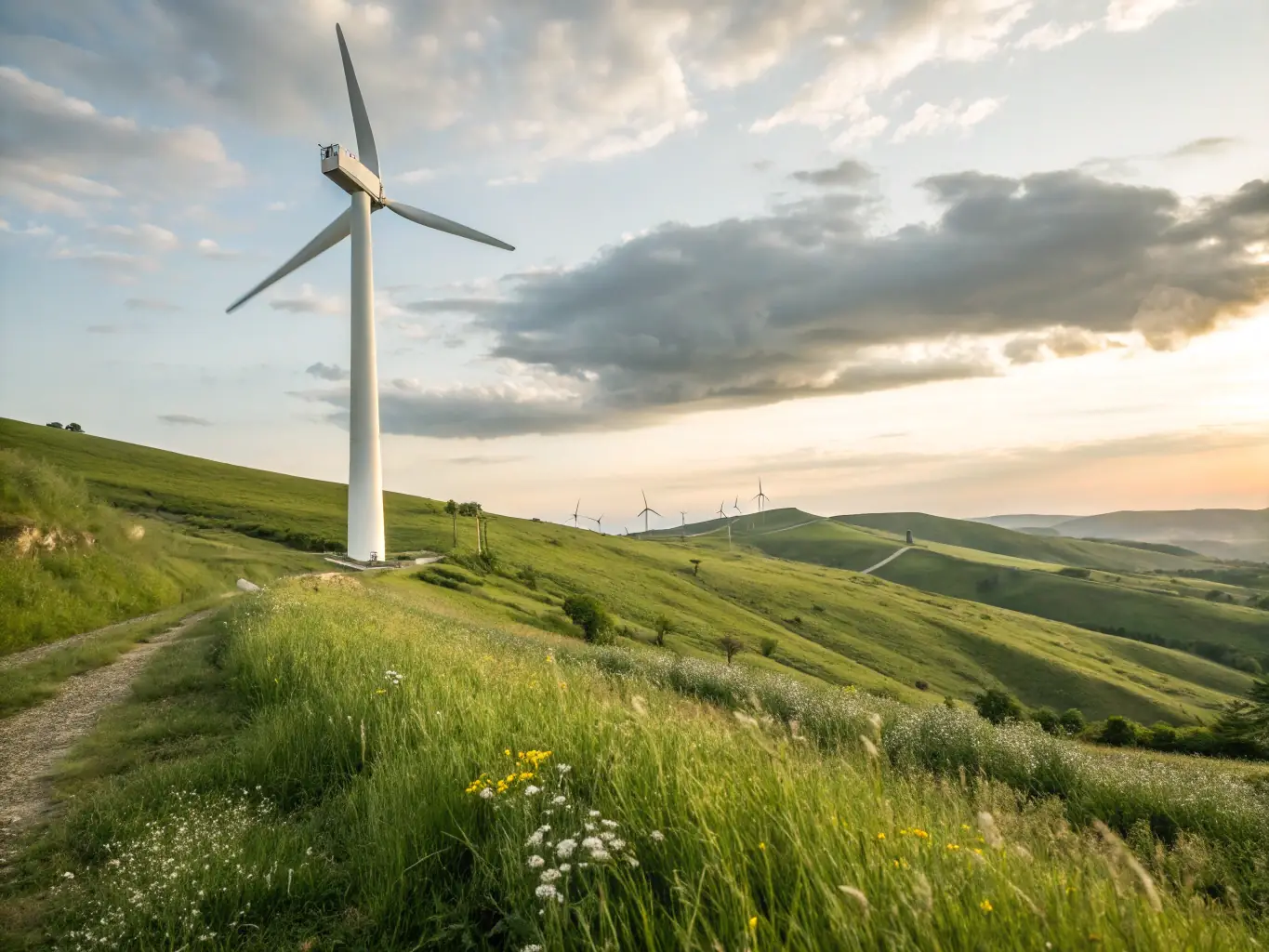 A wind turbine farm at sunset, symbolizing renewable energy integration and sustainable energy solutions.