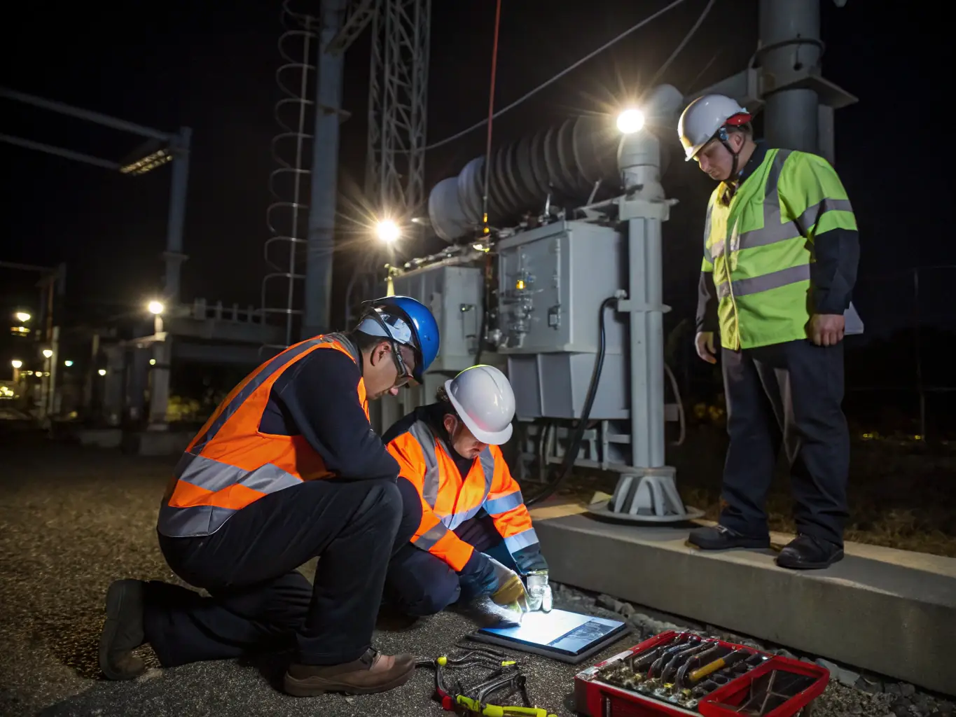 A high-resolution image depicting a team of engineers conducting an audit of energy infrastructure using digital tools, showcasing the precision and technological sophistication of HIERO DIGITAL's audit services.
