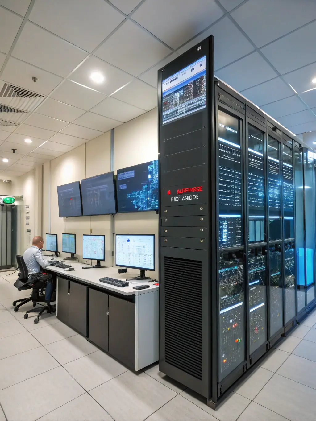 A graphic showing a secure industrial control system with firewalls and intrusion detection systems, representing cybersecurity in manufacturing. The background features factory automation equipment.