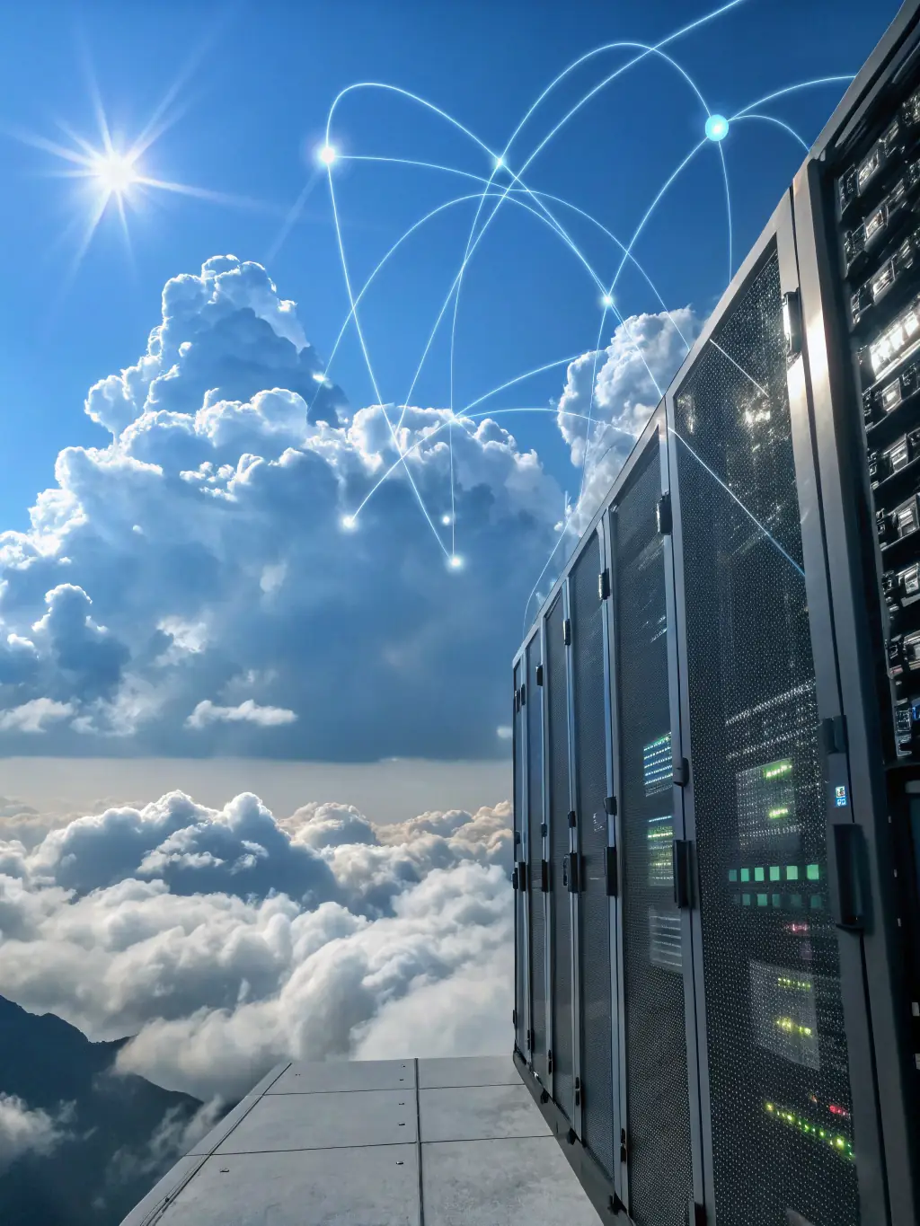 A visually appealing image of cloud computing architecture, highlighting data flow and interconnected virtual servers in a secure cloud environment.