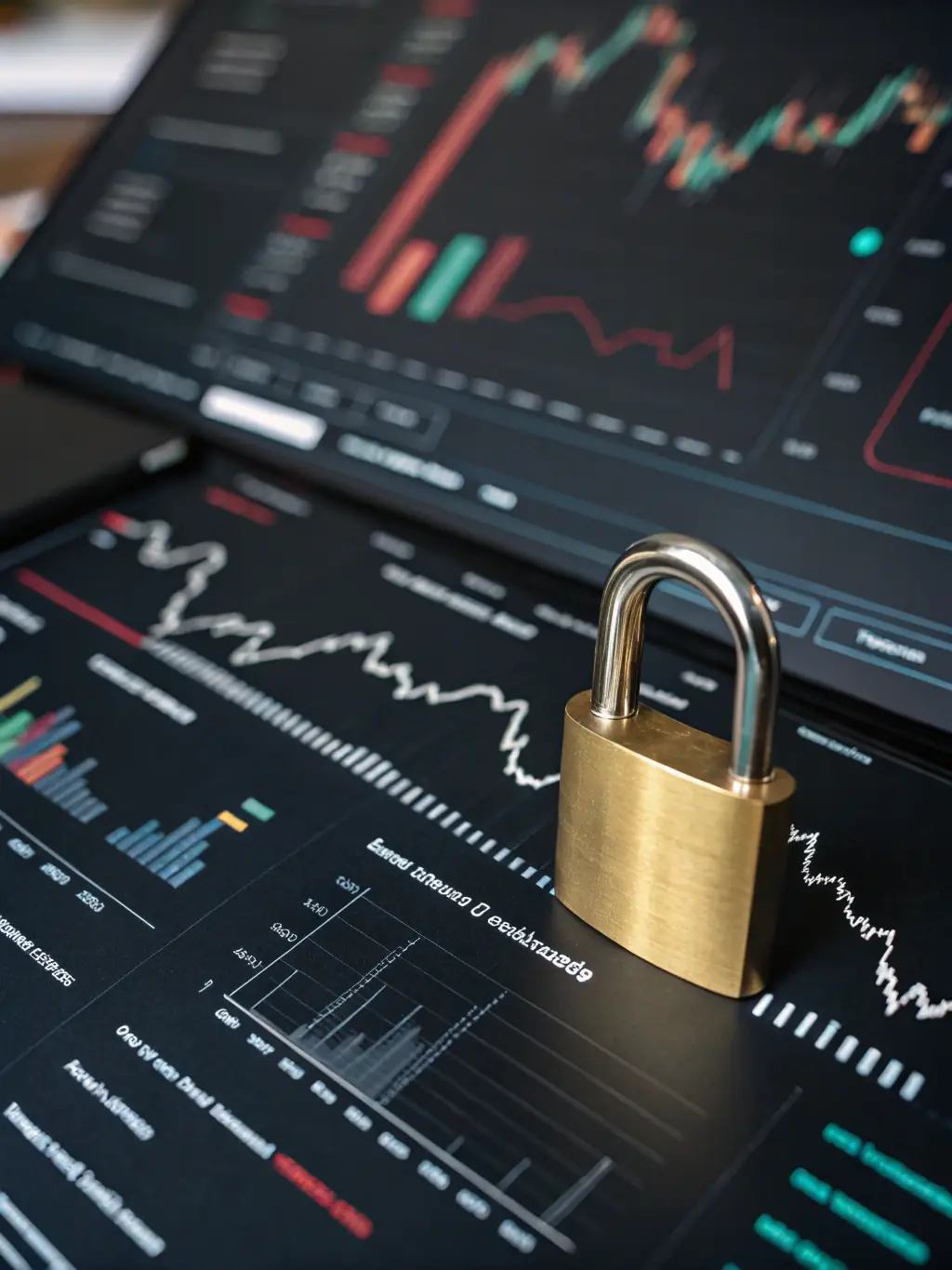 A digital illustration depicting a secure network connection with a padlock icon, representing cybersecurity in the financial sector. The background shows stylized stock market charts and banking interfaces.