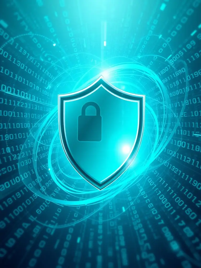 An illustration representing cybersecurity measures, featuring a digital shield protecting data streams from cyber threats and unauthorized access.