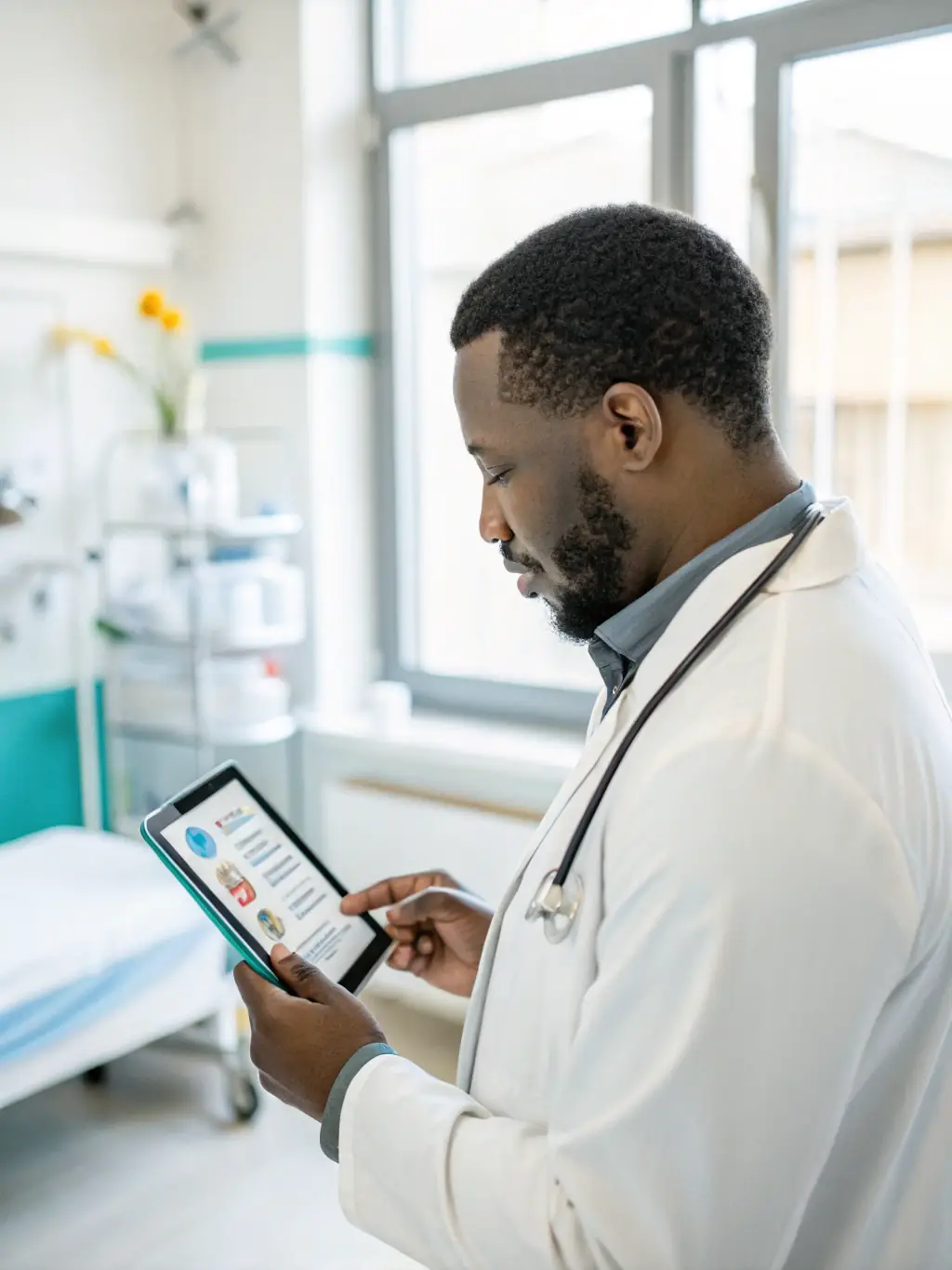 An image of a doctor using a tablet with a secure medical record interface, symbolizing cybersecurity in healthcare. The background includes hospital equipment and patient data visualizations.