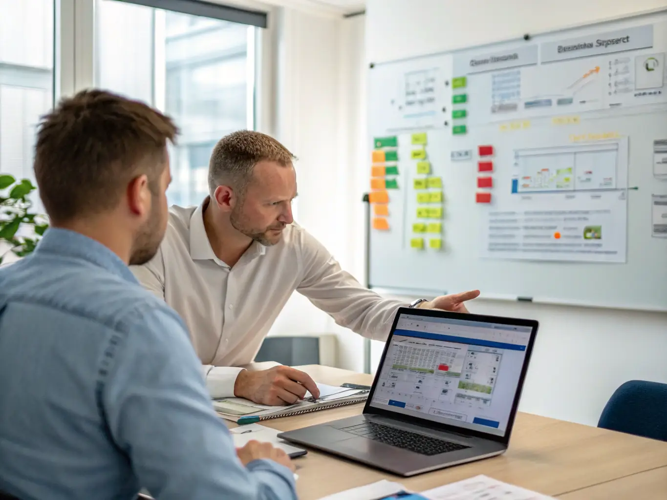 A professional workspace featuring a consultant reviewing process maps with a client, highlighting areas for digital transformation and automation opportunities.