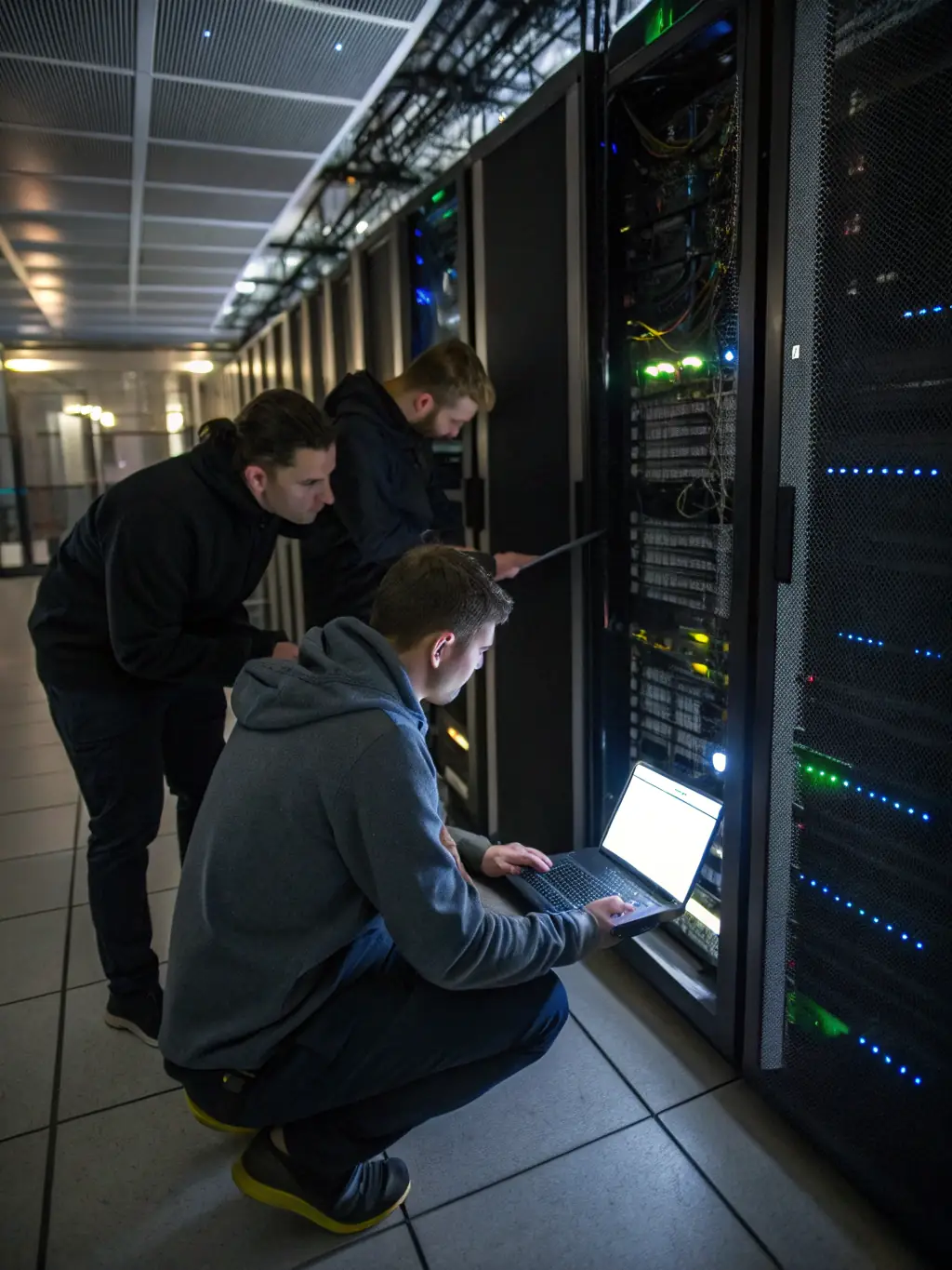 A high-quality photo depicting a team collaborating on an IT infrastructure project, showcasing servers and network equipment in a modern data center environment.