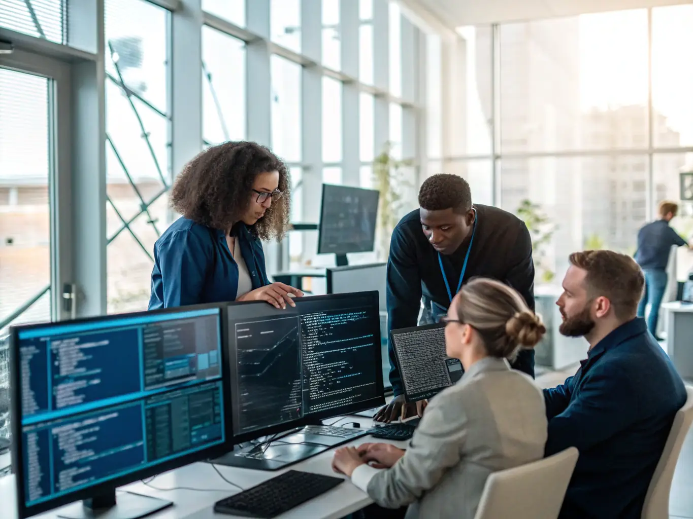 A team of IT professionals collaborating around a large screen displaying a detailed network diagram, highlighting the benefits of clear documentation for onboarding new technicians.