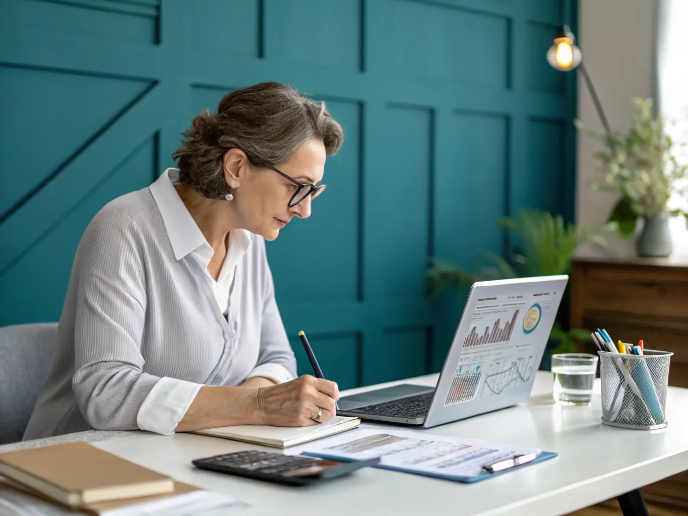 A consultant reviewing a detailed report on a tablet, highlighting key findings and recommendations from a digital maturity audit, with charts and graphs visible in the background.
