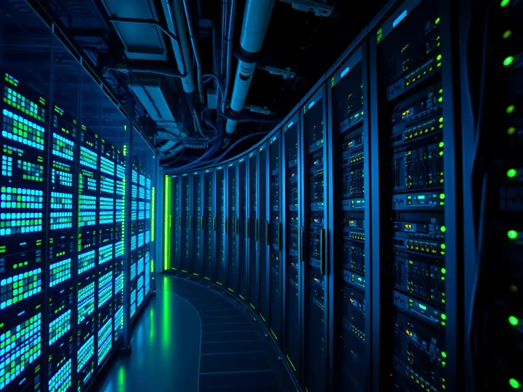 A secure server room with blinking lights, symbolizing robust cybersecurity measures and data protection for a digital transformation client.
