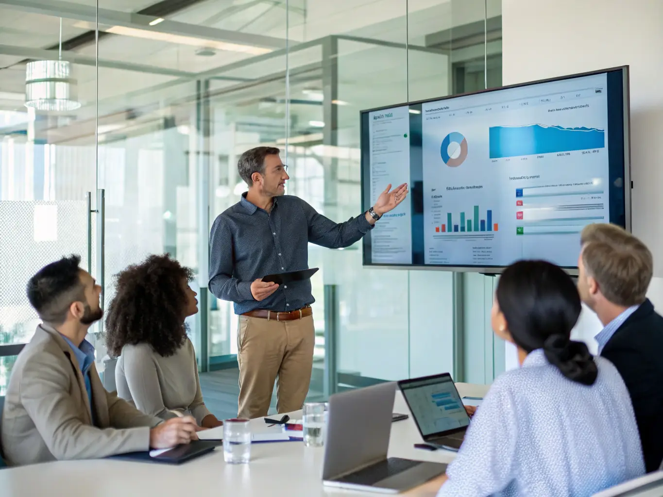 A business executive confidently presenting a digital transformation roadmap to their team, showcasing the actionable steps and expected outcomes of the digital maturity audit.