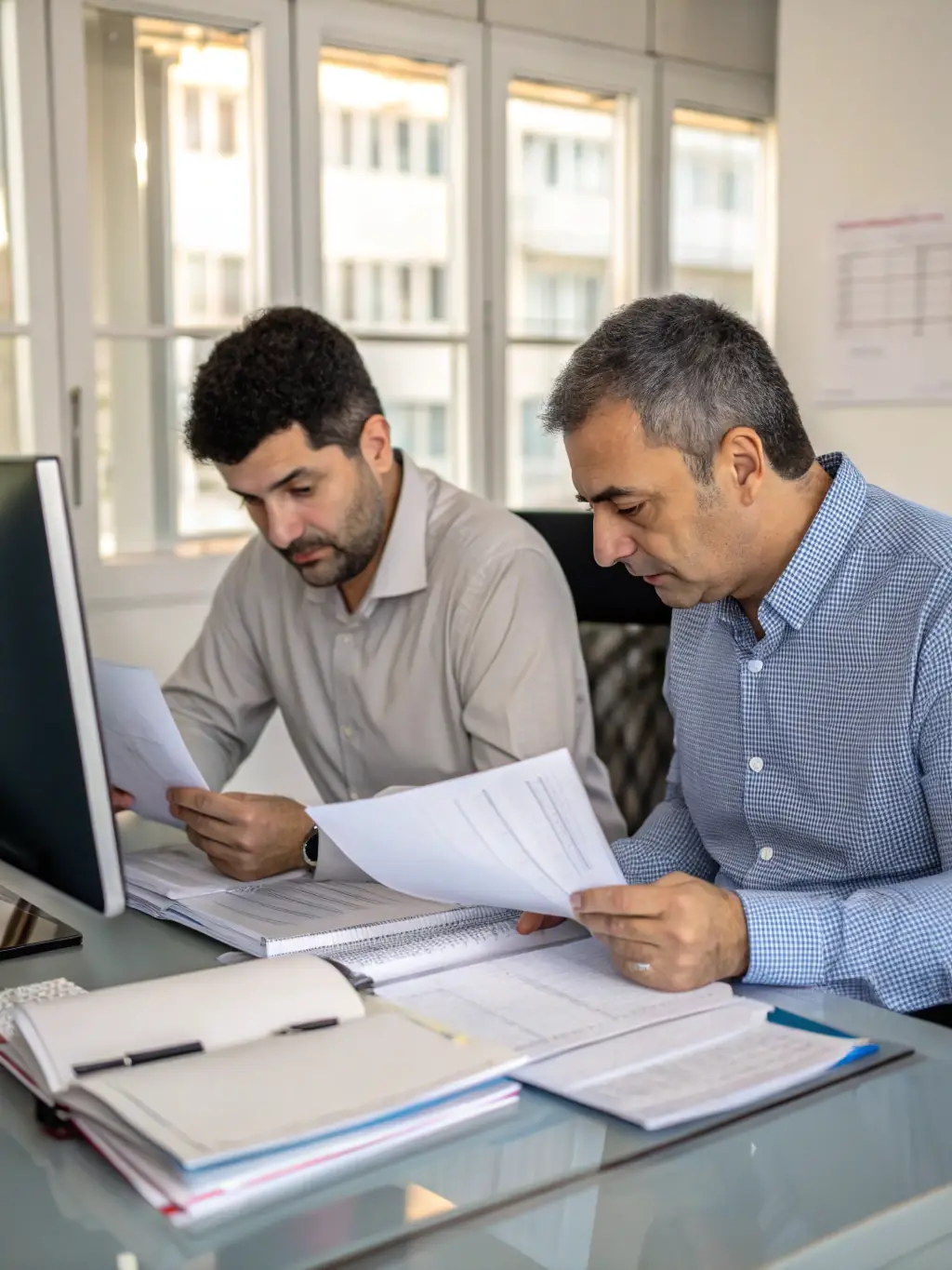 A professional photo of a team conducting an ISO 27001 audit in a modern office setting, emphasizing meticulous attention to detail and adherence to international standards.