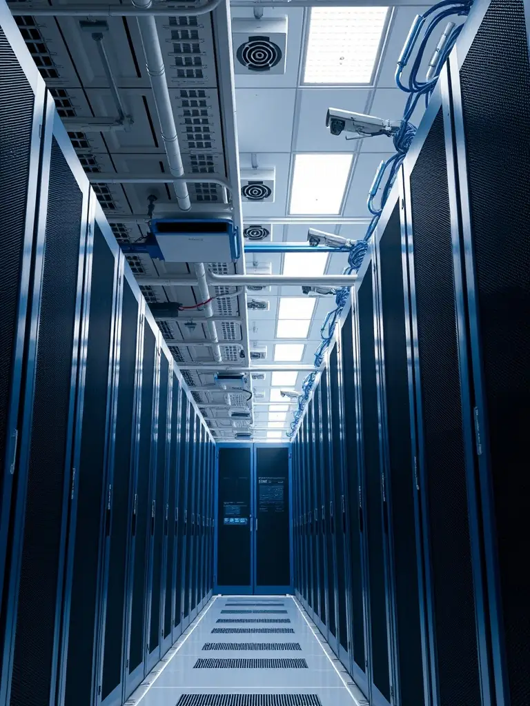An image depicting a secure data center environment with compliance badges, emphasizing adherence to regulatory standards and data protection.