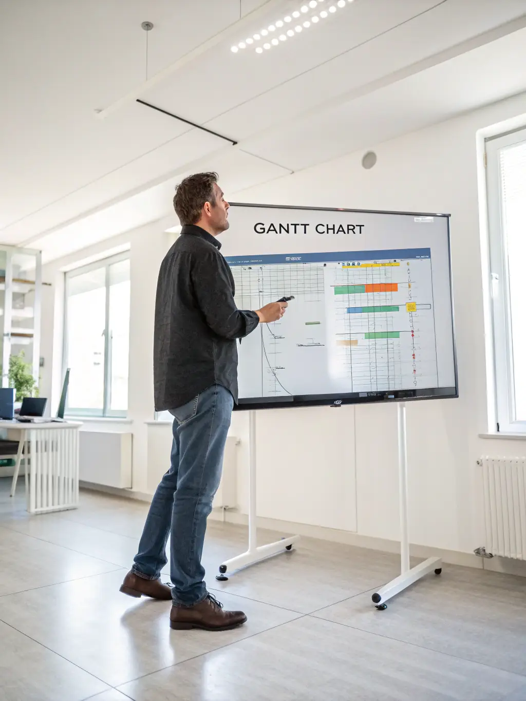 A project manager in a business suit, standing in front of a whiteboard covered in project timelines and tasks, confidently pointing to a key milestone.
