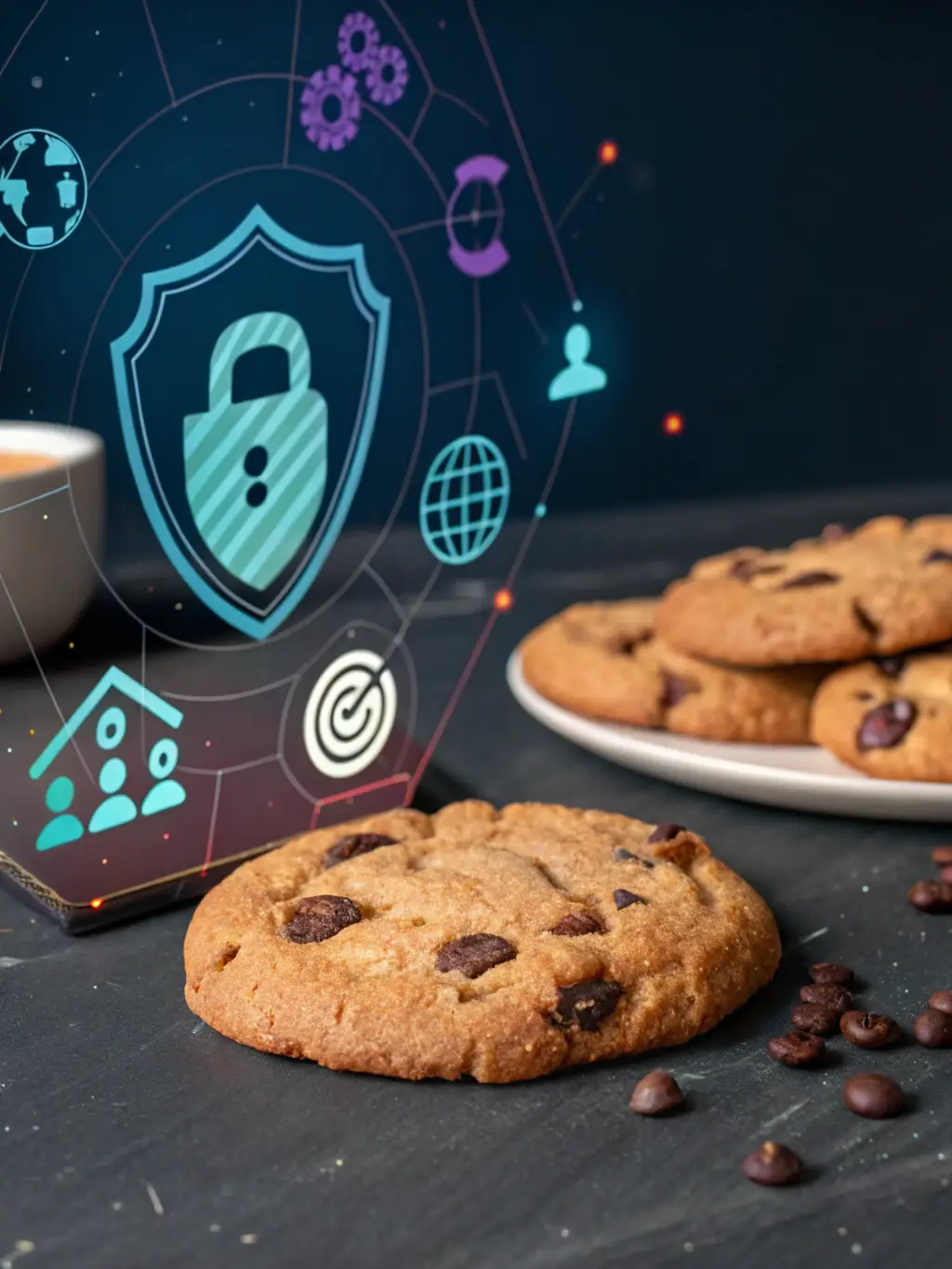 A graphic illustrating GDPR compliance with icons representing data protection, user consent, and secure data transfer, set against a backdrop of European Union flags.