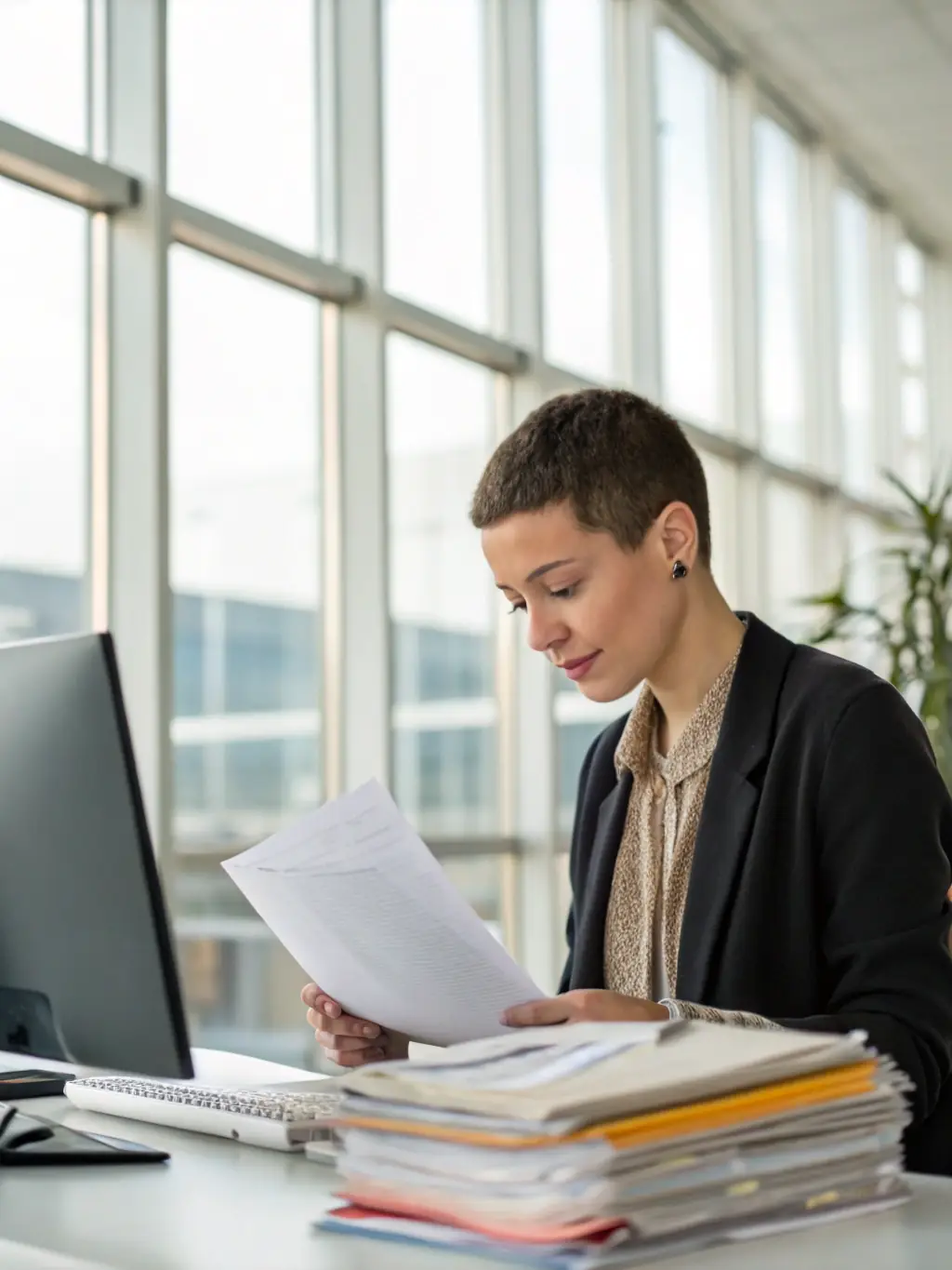 A professional photo of a data protection officer working on compliance documents in a modern office setting, emphasizing attention to detail and regulatory knowledge.