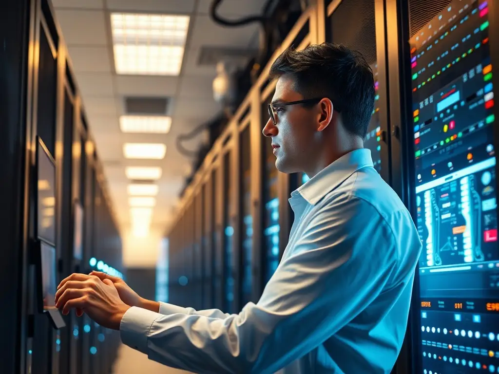 A professional photograph of a cybersecurity expert conducting a network vulnerability assessment in a modern bank's server room, highlighting the importance of cybersecurity audits.