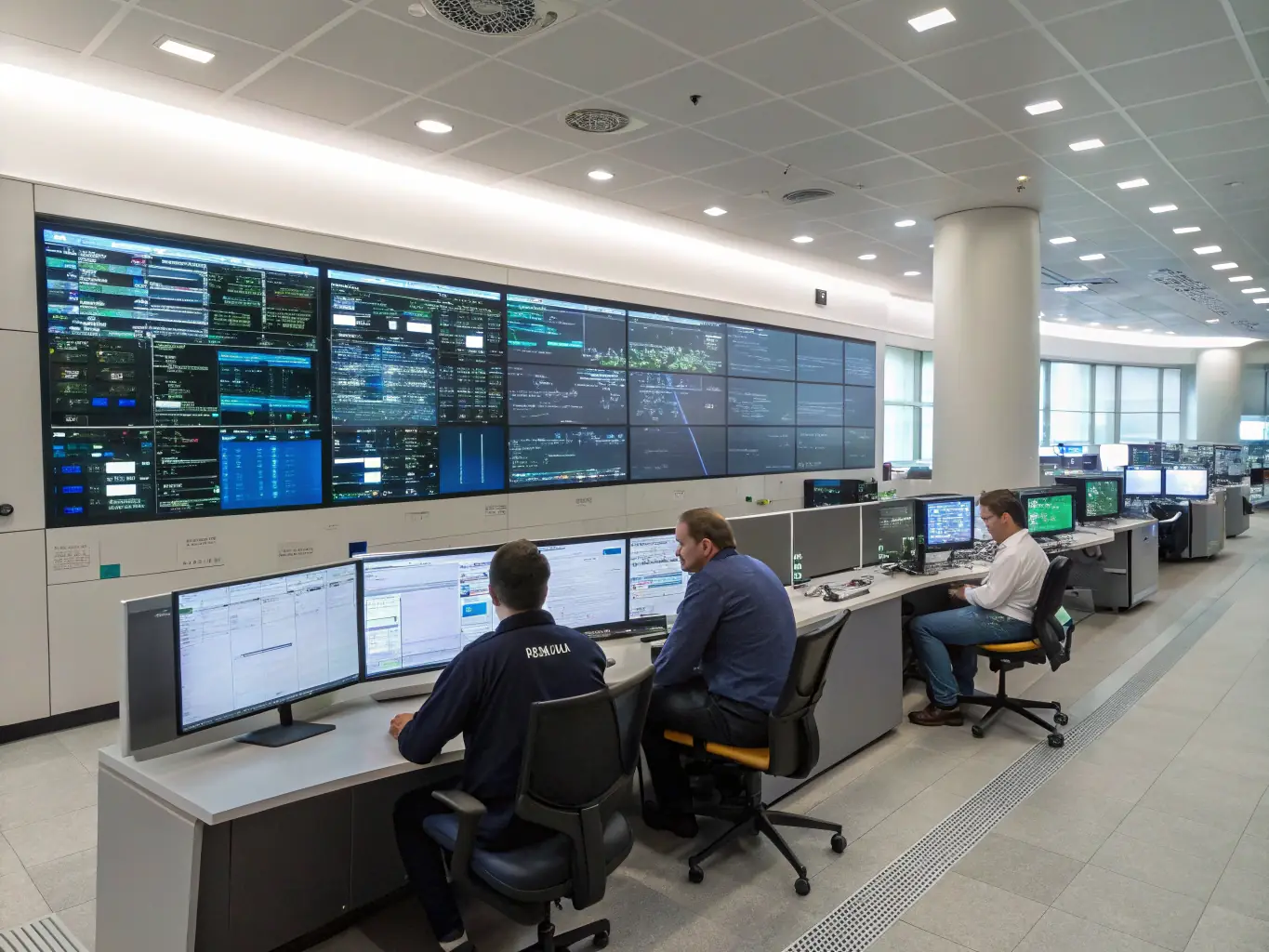 A high-tech control room with multiple screens displaying real-time energy consumption data and grid management analytics, symbolizing advanced monitoring and control capabilities.