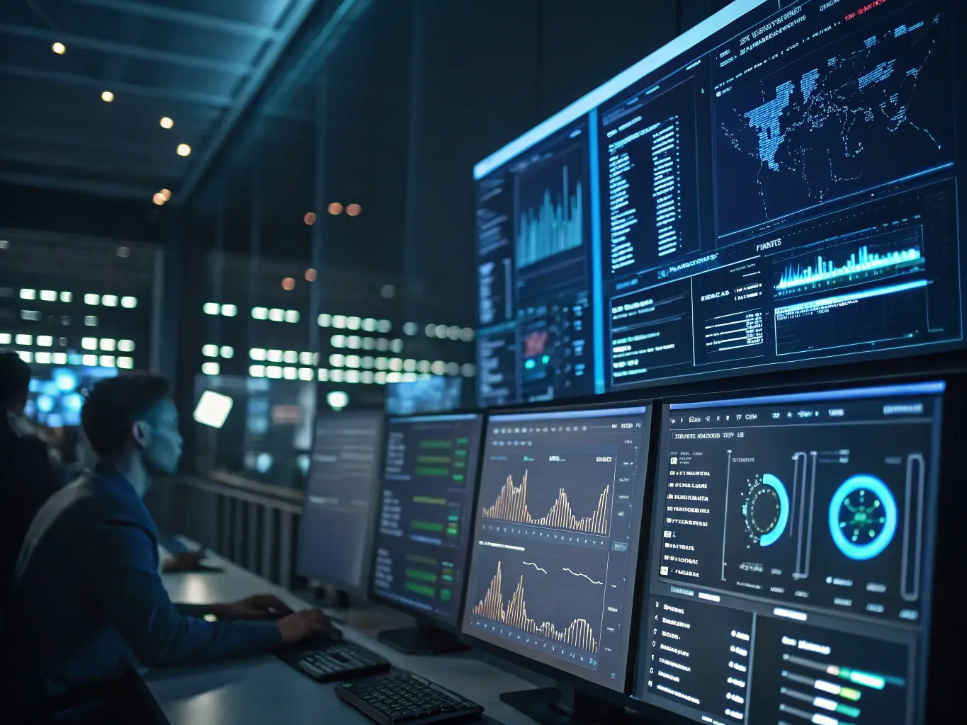 An AI-powered dashboard displaying real-time threat detection and response metrics, highlighting the proactive security measures implemented by Hiero Digital for banks.