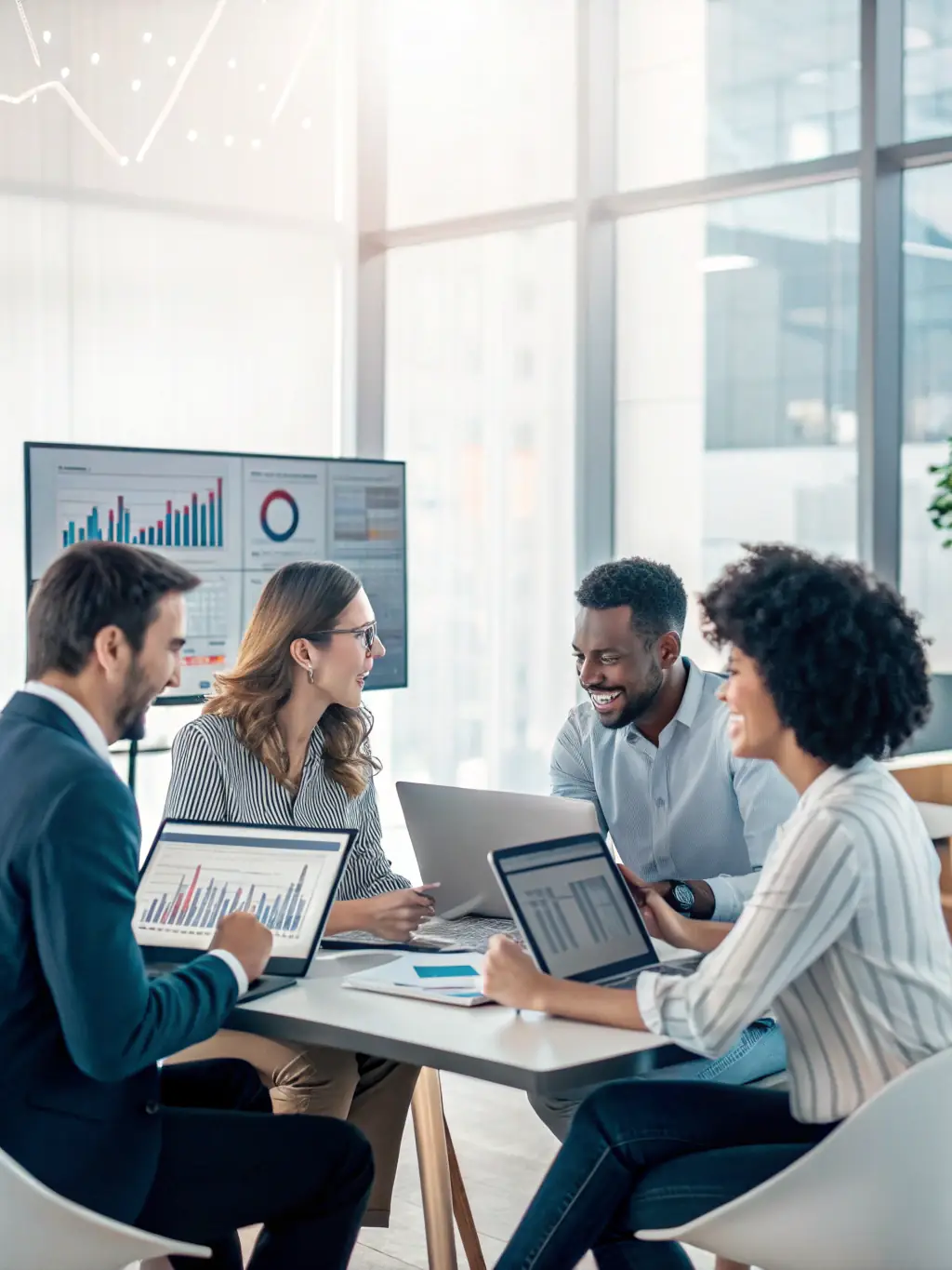 A diverse team collaborating around a large touch screen displaying a software development project's progress, using agile methodologies.
