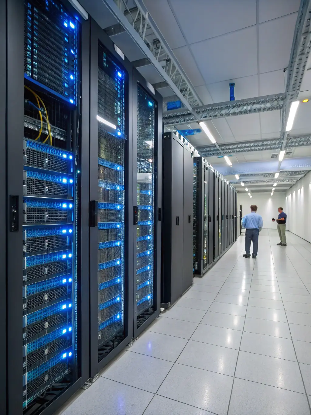 A secure server room with blinking lights, symbolizing robust cybersecurity infrastructure managed by HIERO DIGITAL.