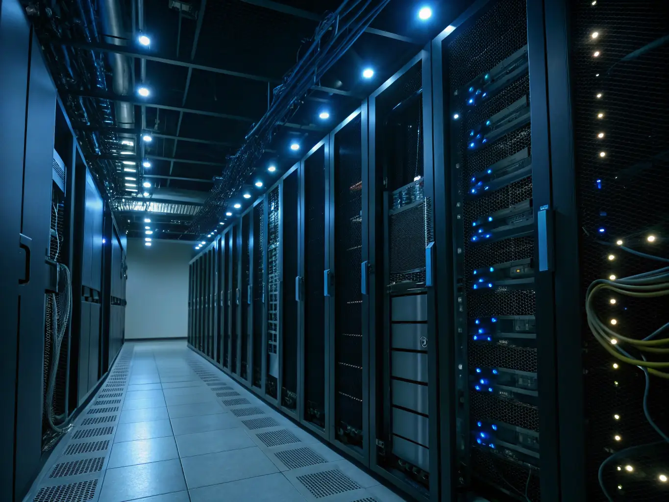 A secure data center with rows of servers, representing robust cybersecurity infrastructure and data protection measures.