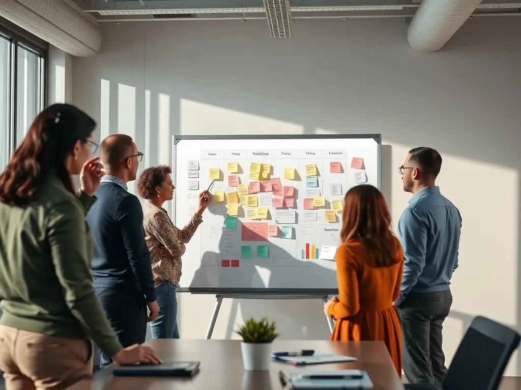 A team collaborating around a whiteboard, brainstorming and discussing strategies based on the insights gained from a digital maturity audit, with sticky notes and diagrams illustrating key points.