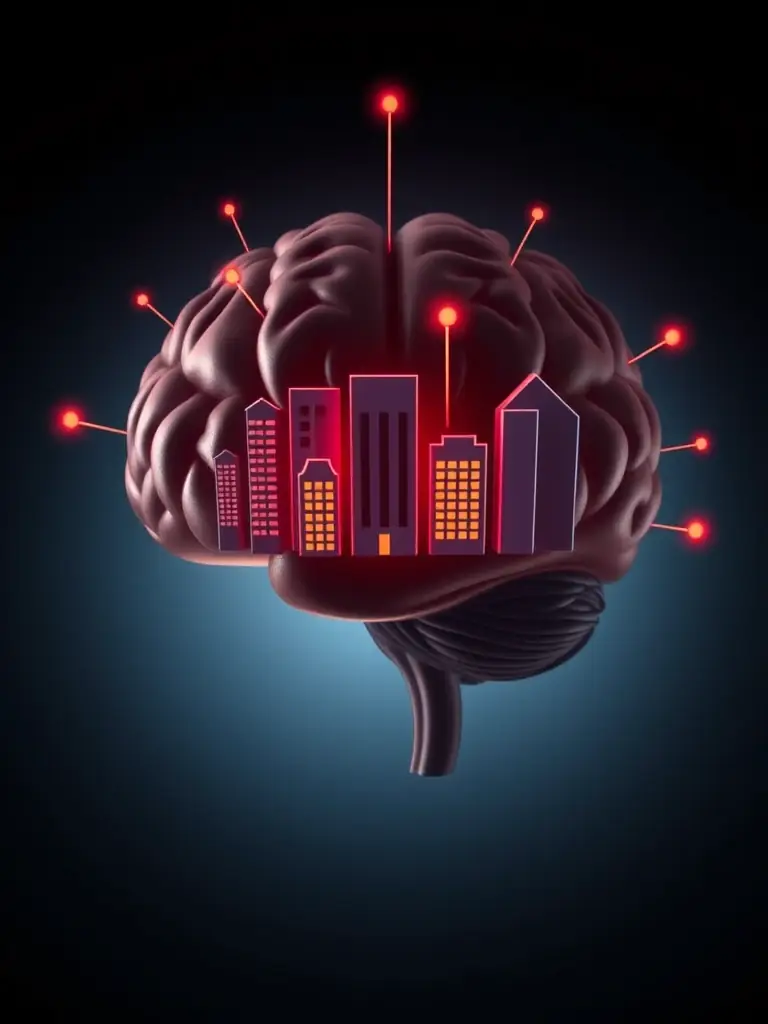 A stylized brain icon connected to various real estate assets (buildings, land, etc.), illustrating smarter asset management through digital transformation.