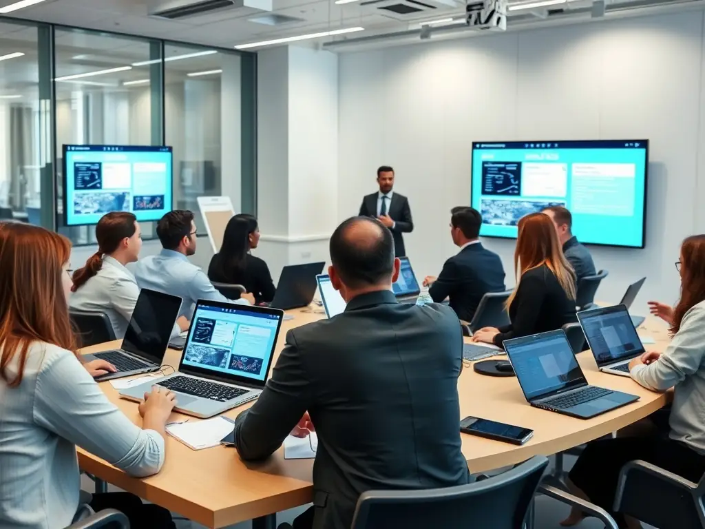 A group of professionals is participating in a customized training program, using laptops and interactive displays in a modern classroom setting, focused on enhancing their digital skills.