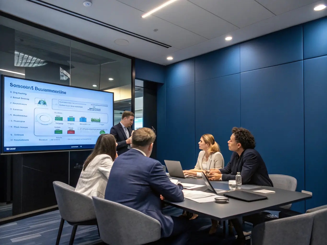 A consultant is leading a digital transformation strategy meeting in a modern office, with team members collaborating on a digital whiteboard displaying project timelines and key performance indicators.